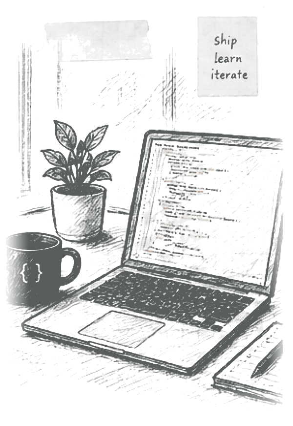 Sketched laptop, plant, coffee mug, and post-it note